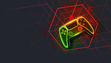Neon Game Controller Or Joystick For Game Console On Dark Background.