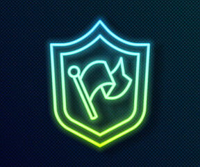 Fototapete - Glowing neon line Shield with flag icon isolated on black background. Victory, winning and conquer adversity concept. Vector