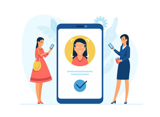 Poster - Biometric identification concept flat vector illustration. Face recognition system. Female cartoon character unlocked smartphone. Personal data protection and security
