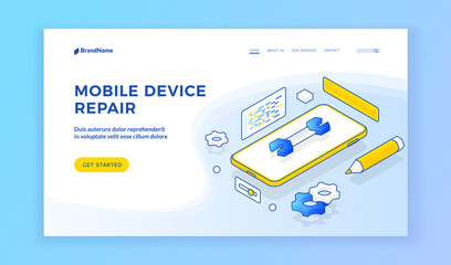 Poster - Mobile device repair. Landing page template. Smartphone with spanner on advertisement banner for modern cellphone repair service. Isometric web banner