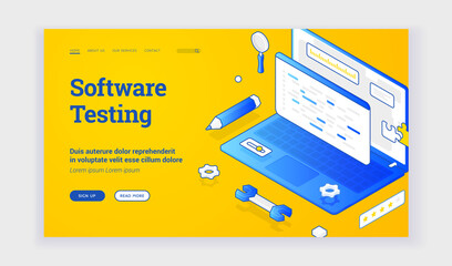 Poster - Software testing. Contemporary elements of laptop and tools for web page offering information about modern software testing. Isometric web banner, landing page template