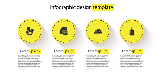 Sticker - Set Avocado fruit, Lemon, Volcano eruption with lava and Tequila bottle. Business infographic template. Vector