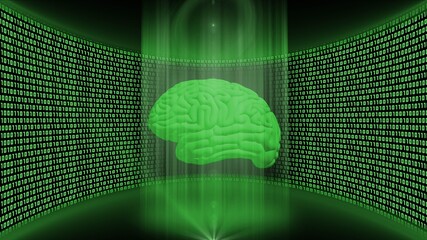 Poster - Abstract data flow background in green color - shining light beam in cylinder form with floating human brain in front of a virtual studio wall made of binary code - 3D Illustration