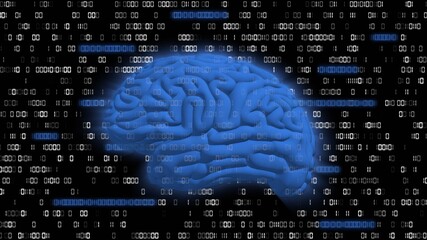 Poster - Human brain symbolic for AI Artificial Intelligence centered into background of binary code with random directional blur of single digits - cyber technology and automation concept - 3D Illustration