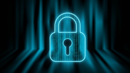 Poster - Security concept - binary code into closed padlock on digital background with light effects - 3D Illustration