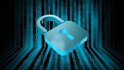 Poster - Security concept in bright blue design - closed padlock on digital background with tapes of binary code - 3D Illustration