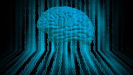 Poster - Security concept in bright blue design - human brain in digital background behind tapes of binary code - 3D Illustration