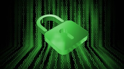Poster - ecurity concept in green design - closed padlock on digital background with tapes of binary code - 3D Illustration
