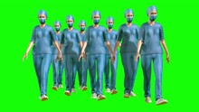 3d Animation, A Group Of Female Doctors Or Nurses Walk Along Together Wearing Face Masks.
