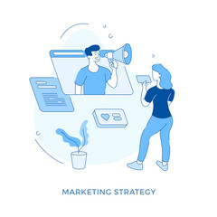 Poster - linear flat marketing strategy concept vector illustration. female cartoon character watching video 