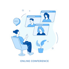 Poster - linear flat online conference concept vector illustration. female cartoon character sitting in chair