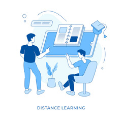 Poster - Linear flat Distance learning concept vector illustration. Male cartoon characters studying together using mobile educational app online. Online education. Training and courses, tutorial