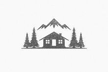 Silhouette Shack Hut Located Near Coniferous Forest And Mountain Ridge In Countryside Hand Drawn Stamp
