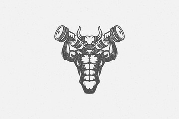 Wall Mural - Sportsman with bull head lifting dumbbells hand drawn stamp vector illustration.