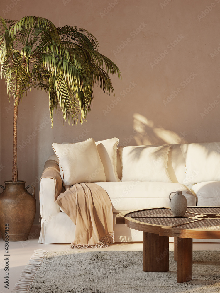 3d rendering of a minimal Summer mediterranean relaxed space with earthy tones and a sofa with white slipcover and ceramic pot with a palm plant	
 - obrazy, fototapety, plakaty 