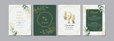 Fototapeta Boho - Green gold leaves wedding invitation card template