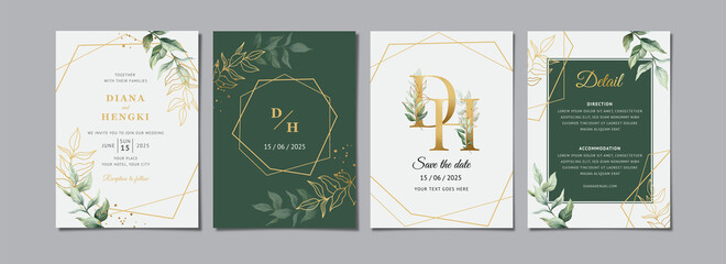 Green gold leaves wedding invitation card template