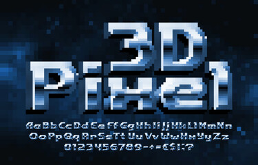 Poster - 3D Pixel alphabet font. Digital letters, numbers and punctuations. 80s arcade video game typescript.