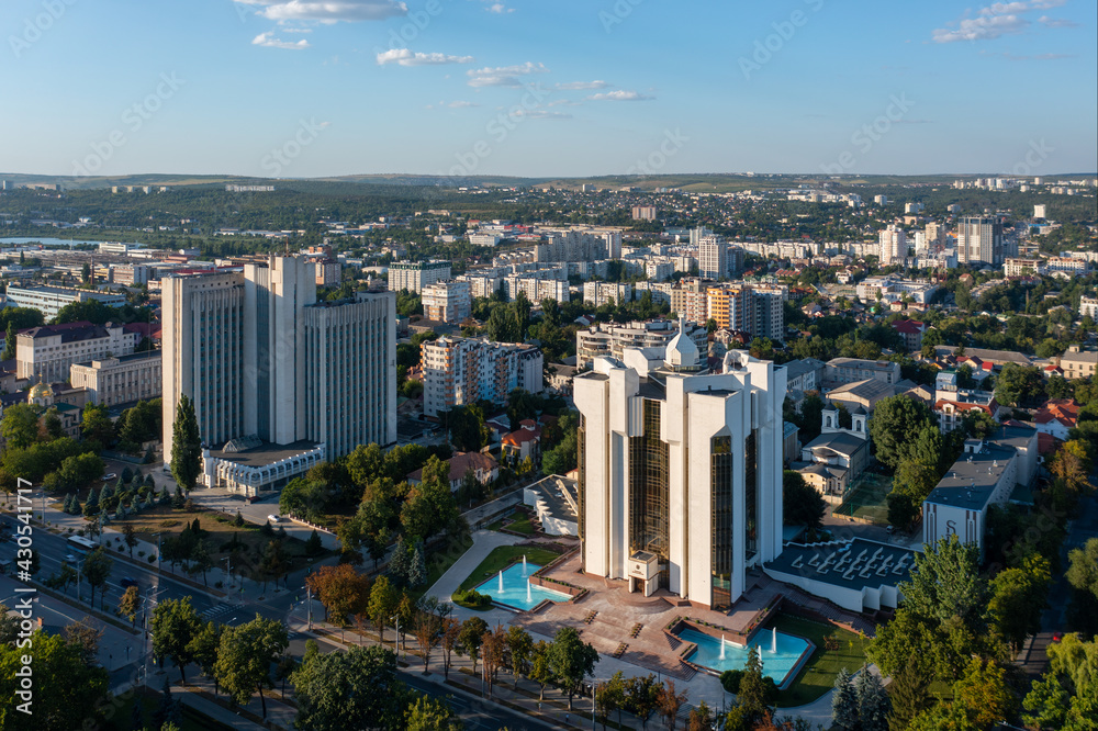 Obraz na płótnie Aerial drone view of Presidency building with at sunrise in chisinau with blue sky, Moldova w salonie