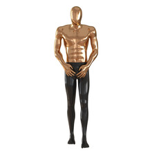 Male Abstract Mannequin Golden Top And Black Bottom In The Pose Of A Walking Man On A White Background.