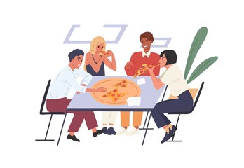 Poster - People eating pizza at desk during collective office lunch. Happy colleagues sitting at dining table. Employees resting together during break. Colored flat vector illustration isolated on white