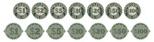 A Set Of Round Gray-green Seals Or Price Tags With Guilloche Grid. Economic Stickers In Denominations Of 1 To 100 Dollars, New York State. White Background