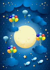 Canvas Print - Starry sky with hanging balloons and clouds, vector illustration eps10