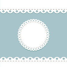 Lacy Frame And Border Template. Cute Round Doily On Blue Background With Scallop Border. Cute Template For Baby Shower, Wedding And Scrapbooking Design. Lace Decoration Element For Vintage Albums.