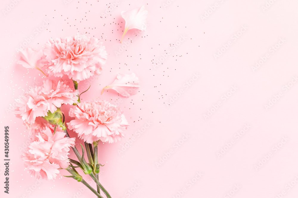 Pink carnations on pink background with confetti. - obrazy, fototapety, plakaty 