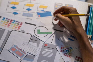 Designers drawing mobile ux app development concept. Man hold pencil with mockup ui.