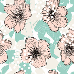 Aufkleber - Vector organic seamless abstract background, botanical motif with stylized leaves, flowers and simple geometric shapes. Floral pattern.