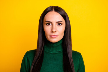 Poster - Photo of young unhappy upset sad businesswoman heart about problems at work isolated on yellow color background