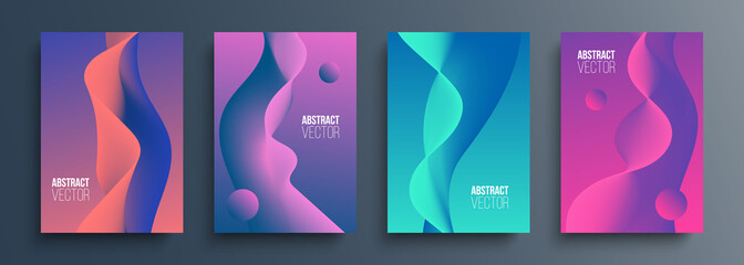 Cover templates set with dynamic gradient waves. Futuristic abstract backgrounds with liquid shapes for your graphic design. Vector illustration.