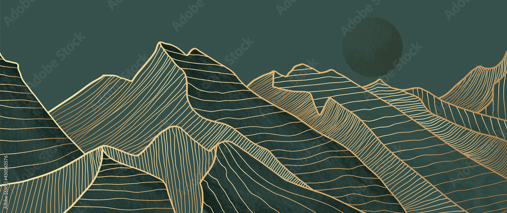 Mountain line art background, luxury gold wallpaper design for cover, invitation background, packaging design, wall art and print.  - obrazy, fototapety, plakaty 
