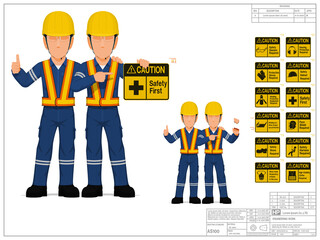 Wall Mural - Two industrial workers are presenting warning sign on white background