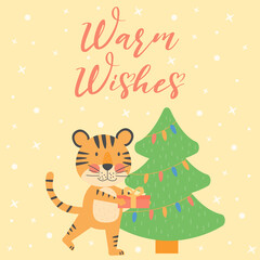 Wall Mural - Warm wishes greeting card for New Year and Christmas. Banner with tiger, symbol 2022, year mascot. Holiday winter concept with vector character
