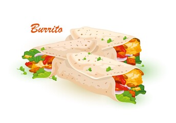 Cartoon of ground meet with veggie rolled into tortilla, corn, wheat tortilla with meat filling. Vector quick lunch, menu of fast food cafe. Concept eating, hungry, mexican cuisine isolated on white