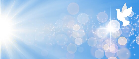 Web banner religioso azzurro cielo Paradiso. Colomba Bianca. Luce Croce Raggiante. Pentecoste. Annunciazione. Pasqua. Natale. Bokeh, stelle, sole. Raggio di luce magica 