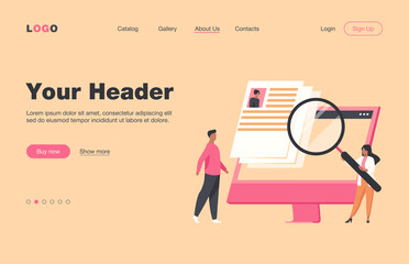 Poster - Tiny HR manager looking for candidate for job. Interview, magnifier, computer screen flat vector illustration. Career and employment concept for banner, website design or landing web page