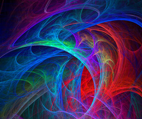 Multi-colored blurred membranes of different sizes are folded into a pattern on a black background. Abstract fractal background.  3d rendering. 3d illustration.