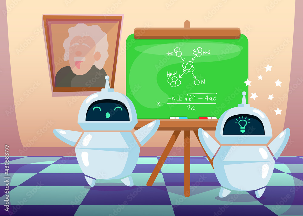 Cute cartoon chatbot making new scientific discovery. Flat vector ...
