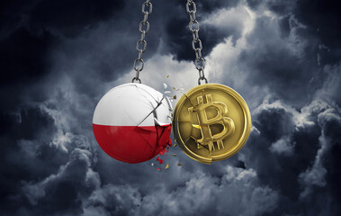 Poland flag smashing into a gold bitcoin crypto coin. 3D Rendering