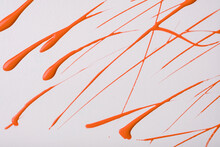 Thin Red Lines And Splashes Drawn On White Background. Abstract Art Backdrop With Orange Brush Decorative Stroke.