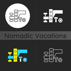 Sticker - Trailer towing equipment dark theme icon. Van mechanism. Car transmission. Automobile tools for nomadic lifestyle. Linear white, simple glyph and RGB color styles. Isolated vector illustrations