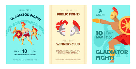 Stylish invitation designs with ancient Spartan warriors. Creative party invitations with Coliseum gladiators, helmets. Sports, fencing, gladiator, competition concept for leaflet, banner or flyer