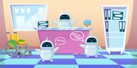 Aufkleber - Cartoon chatbots working instead of people. Flat vector illustration. Modern bots as helper or assistant in hospital or other human organization. Technologies, artificial intelligence, robot concept