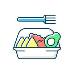 Sticker - Family-style meals takeout RGB color icon. Dinner for parents and kids. Perfectly-portioned ingredients. Delivery from local restaurants. Home cooking. Lunch package. Isolated vector illustration