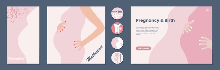 Set of banner templates for websites, or advertising,  landing page, media post and stories. Pregnant woman. Mother day greeting. Health care, female, motherhood. Minimalism style.