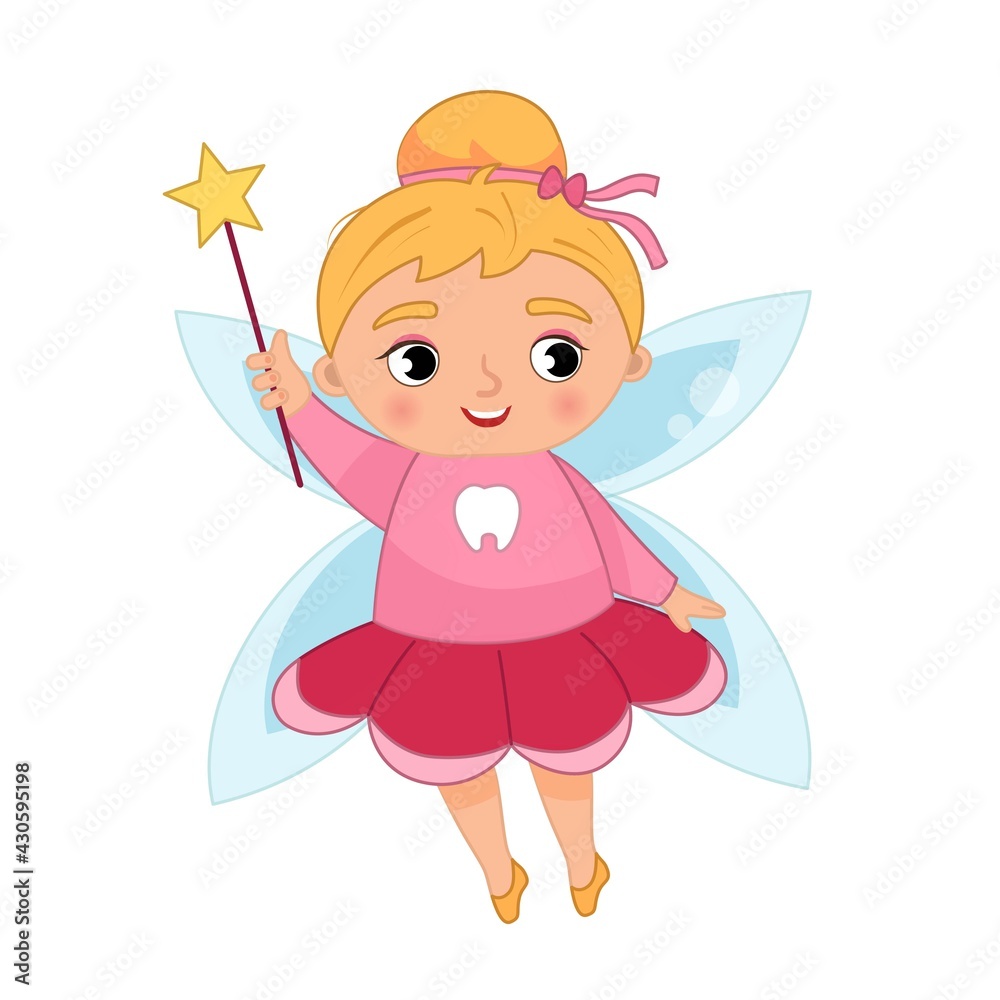 Tooth fairy vector cartoon illustration. Cute girl with wings and magic ...