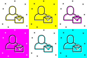 Poster - Set Freelancer icon isolated on color background. Freelancer man working on laptop at his house. Online working, distant job concept. Vector